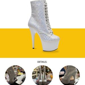 Pleaser Flamingo-1020 White Glitter Boots • 8" Heel • White Platform